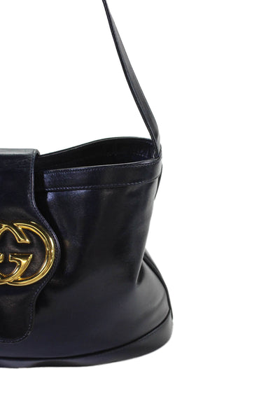Gucci Womens Vintage Leather GG Embellished Hobo Shoulder Handbag Deep Navy