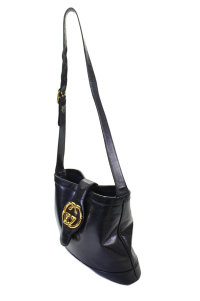 Gucci Womens Vintage Leather GG Embellished Hobo Shoulder Handbag Deep Navy