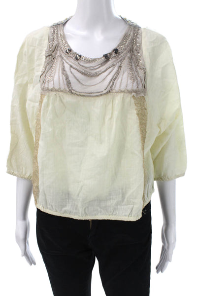 Free People Womens Basic Ivory Round Neck 3/4 Sleeve Blouse Petite Size XS