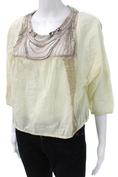 Free People Womens Basic Ivory Round Neck 3/4 Sleeve Blouse Petite Size XS