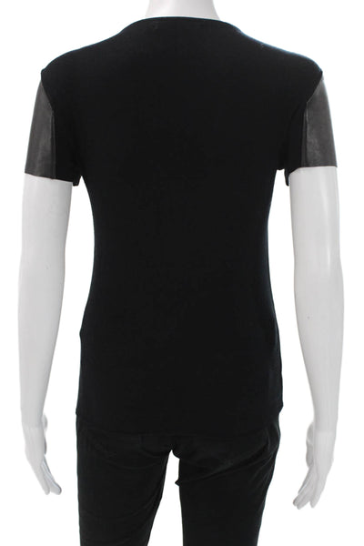 Bailey 44 Women Basic Black Leather Knit T-Shirt Round Neck Short Sleeve Size S