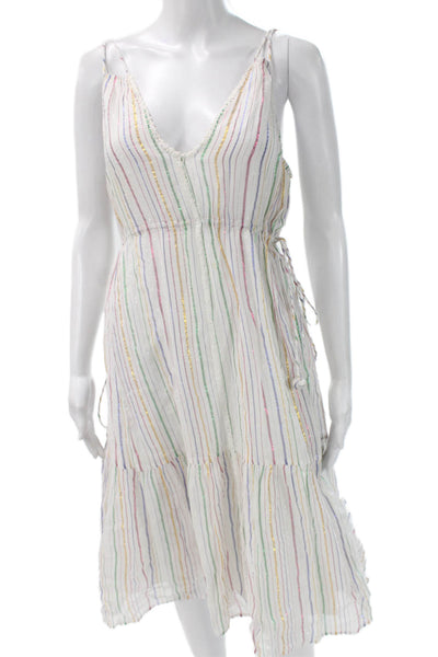 Apiece Apart Women White Striped Wrap Dress V-Neck Sleeveless Midi Size 0