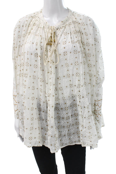 Roberta Roller Rabbit Women Blouse White Round Neck Long Sleeve Size XS