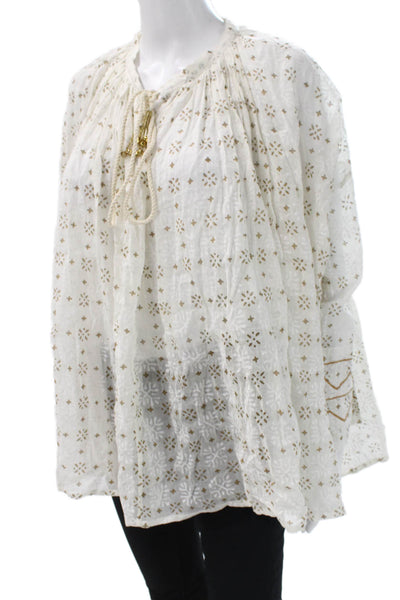 Roberta Roller Rabbit Women Blouse White Round Neck Long Sleeve Size XS