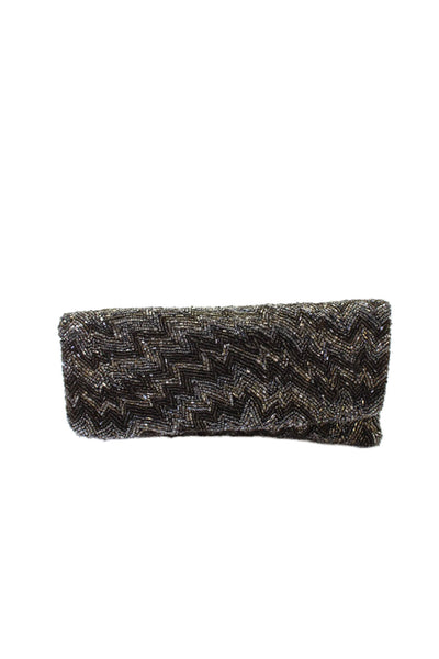 Moyna Womens Beaded Zip Flat Clutch Bag Handbag Brown Combo
