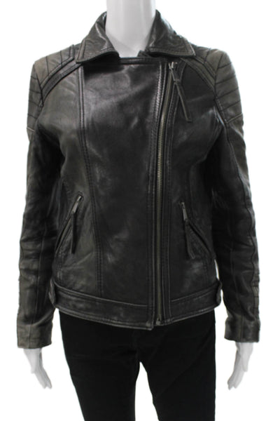 Michael Michael Kors Womens Biker Leather Jacket Gray Zip Long Sleeve Size S