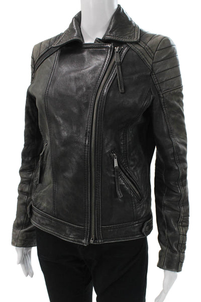 Michael Michael Kors Womens Biker Leather Jacket Gray Zip Long Sleeve Size S