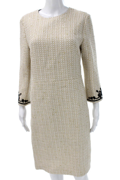 Marccain Womens Shift Dress Beige Embroidered Long Sleeve Mid Calf Size 3