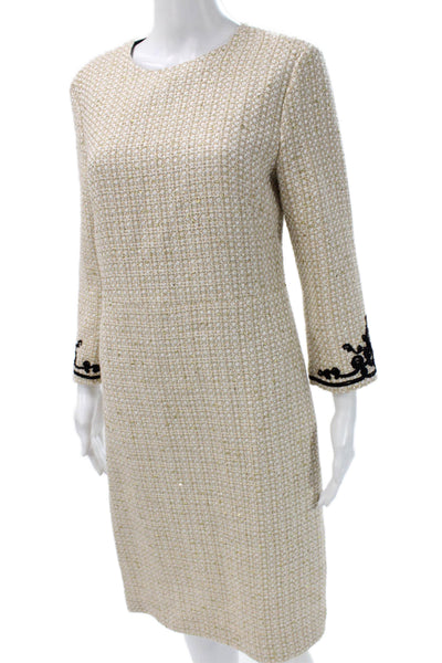Marccain Womens Shift Dress Beige Embroidered Long Sleeve Mid Calf Size 3