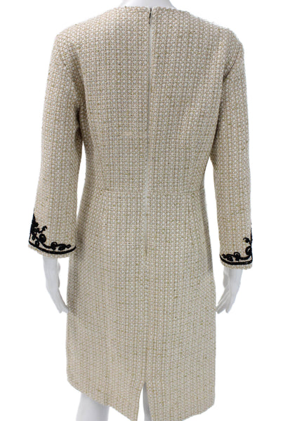 Marccain Womens Shift Dress Beige Embroidered Long Sleeve Mid Calf Size 3