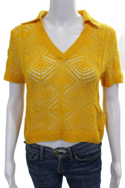 J Crew Women Cashmere Geometric Collared Short Sleeve Pullover Yellow Size S