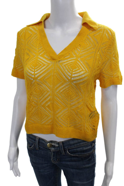 J Crew Women Cashmere Geometric Collared Short Sleeve Pullover Yellow Size S
