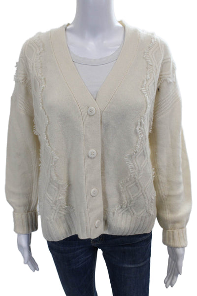 Splendid Women Cardigan Cashmere Ivory V-Neck Geometric Long Sleeve Size S