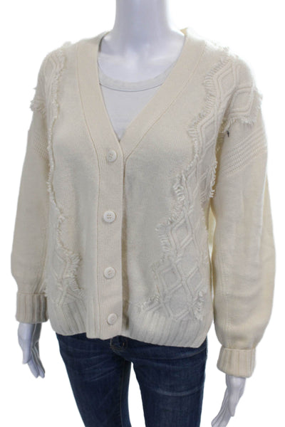 Splendid Women Cardigan Cashmere Ivory V-Neck Geometric Long Sleeve Size S
