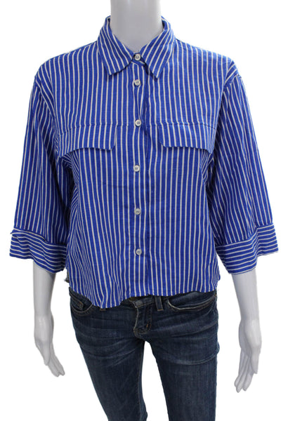 Zara Women Basic Striped Blue Viscose Collared Button-Up 3/4 Sleeve Size XS