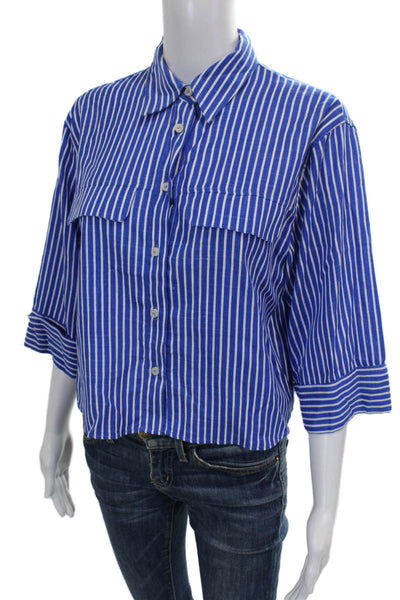 Zara Women Basic Striped Blue Viscose Collared Button-Up 3/4 Sleeve Size XS