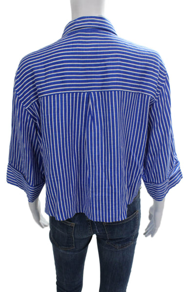 Zara Women Basic Striped Blue Viscose Collared Button-Up 3/4 Sleeve Size XS