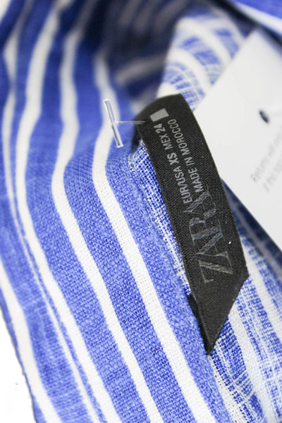 Zara Women Basic Striped Blue Viscose Collared Button-Up 3/4 Sleeve Size XS