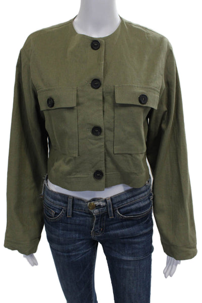 Zara Women Military Jacket Green Linen Button Long Sleeve Size XS