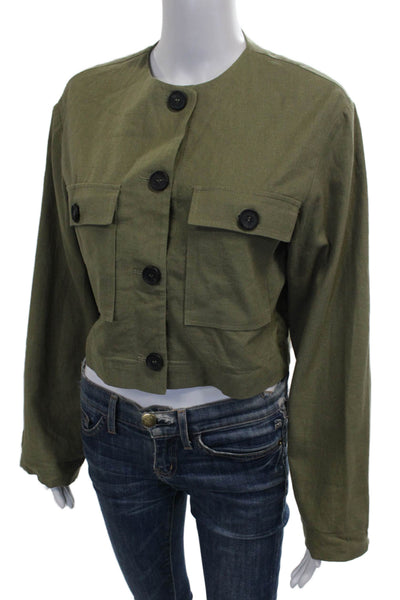 Zara Women Military Jacket Green Linen Button Long Sleeve Size XS