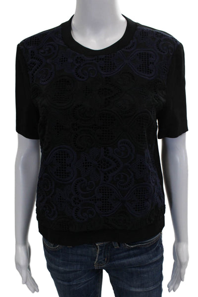 ALC Women Basic Black Silk Floral Crew Neck Short Sleeve T-Shirt Size 6