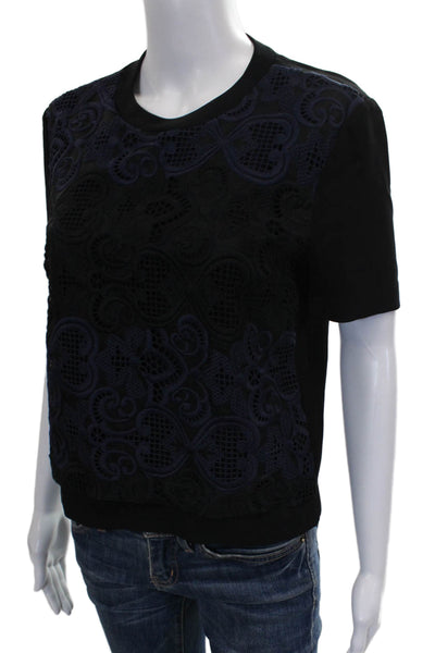 ALC Women Basic Black Silk Floral Crew Neck Short Sleeve T-Shirt Size 6