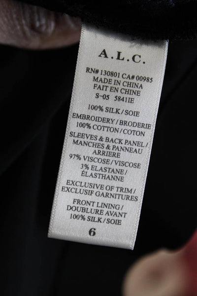 ALC Women Basic Black Silk Floral Crew Neck Short Sleeve T-Shirt Size 6