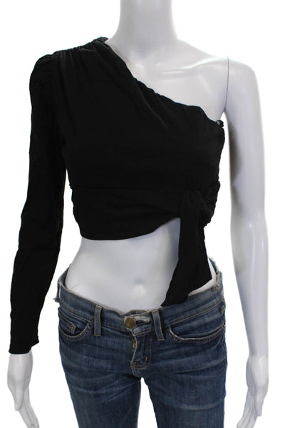 Free People Womens One Shoulder Cropped Blouse Black Tie Long Sleeve Size XS