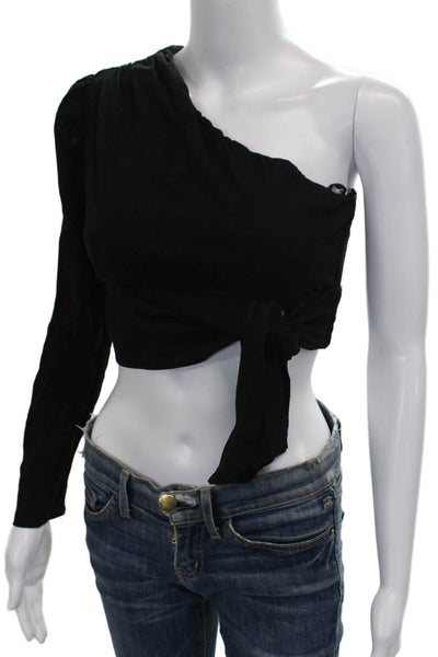 Free People Womens One Shoulder Cropped Blouse Black Tie Long Sleeve Size XS