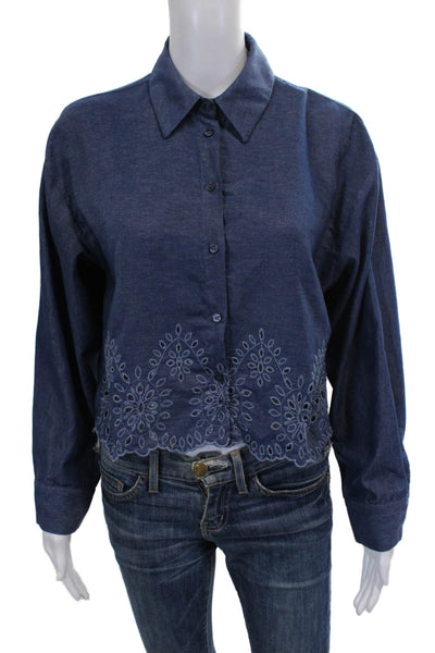 Zara Womens Cropped Button Up Long Sleeve Collared Geometric Blue Size S