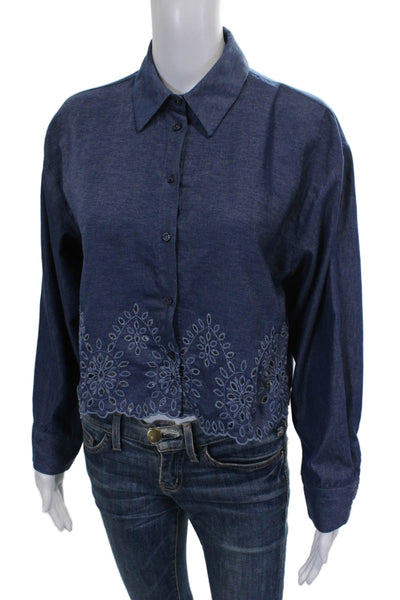 Zara Womens Cropped Button Up Long Sleeve Collared Geometric Blue Size S