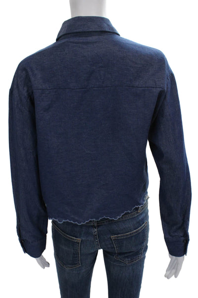 Zara Womens Cropped Button Up Long Sleeve Collared Geometric Blue Size S
