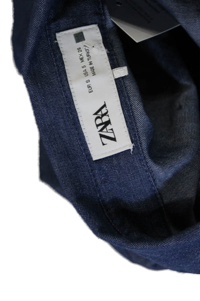 Zara Womens Cropped Button Up Long Sleeve Collared Geometric Blue Size S