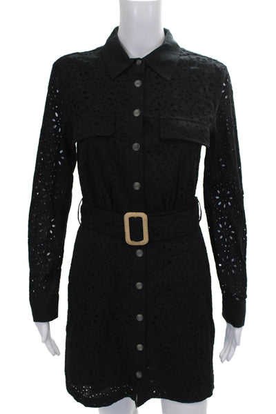 MNG Womens Shirt Dress Black Collared Long Sleeve Floral Cotton Short Size S