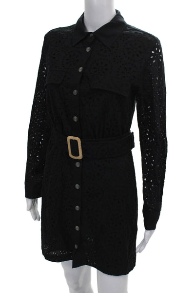 MNG Womens Shirt Dress Black Collared Long Sleeve Floral Cotton Short Size S