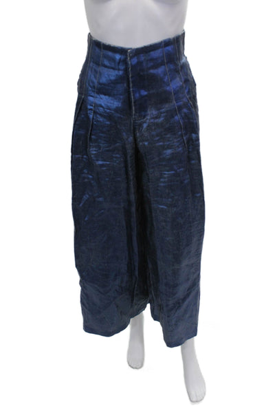 Lanhtropy Womens Cropped Linen Pants Blue Zip Size S