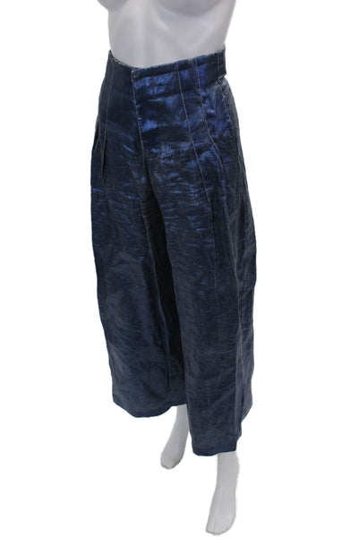 Lanhtropy Womens Cropped Linen Pants Blue Zip Size S