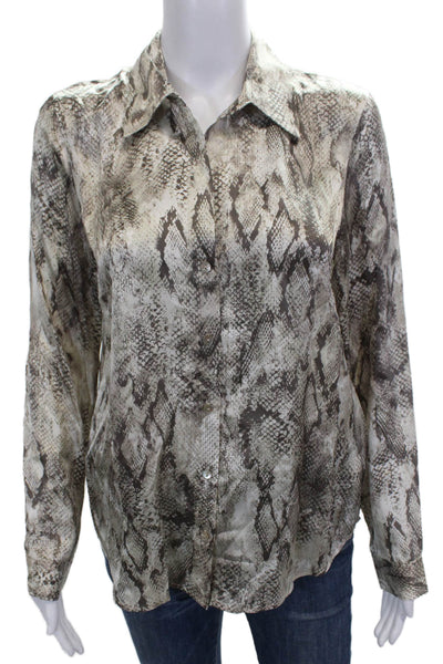L'Agence Women Silk Beige Animal Print Collared Button Up Long Sleeve Size XS