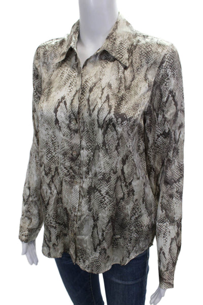 L'Agence Women Silk Beige Animal Print Collared Button Up Long Sleeve Size XS