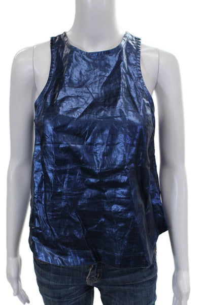 Lanhtropy Womens Basic Sleeveless Tank Blue Linen Foil Button Round Neck Size S