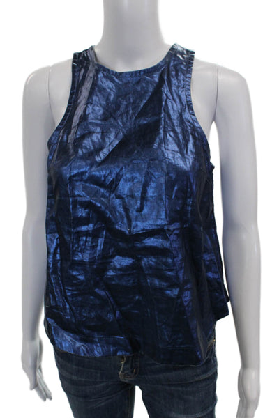 Lanhtropy Womens Basic Sleeveless Tank Blue Linen Foil Button Round Neck Size S