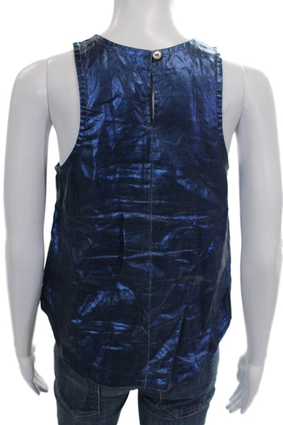 Lanhtropy Womens Basic Sleeveless Tank Blue Linen Foil Button Round Neck Size S