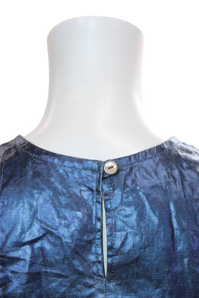 Lanhtropy Womens Basic Sleeveless Tank Blue Linen Foil Button Round Neck Size S