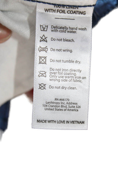 Lanhtropy Womens Basic Sleeveless Tank Blue Linen Foil Button Round Neck Size S