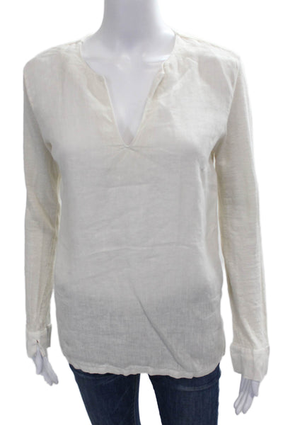 120% Lino Women Ivory Linen V Neck Long Sleeve Blouse Pullover Size XS