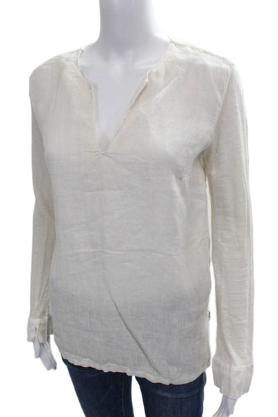 120% Lino Women Ivory Linen V Neck Long Sleeve Blouse Pullover Size XS