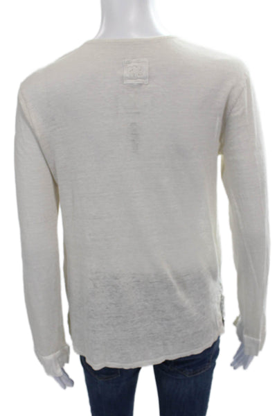 120% Lino Women Ivory Linen V Neck Long Sleeve Blouse Pullover Size XS