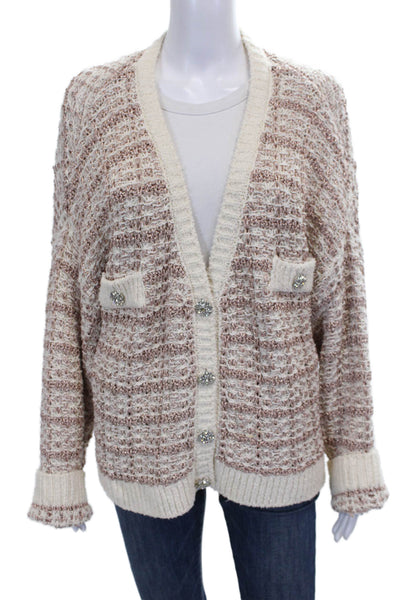Zara Womens Cardigan Ivory Striped V-Neck Cotton Long Sleeve Fall Size L