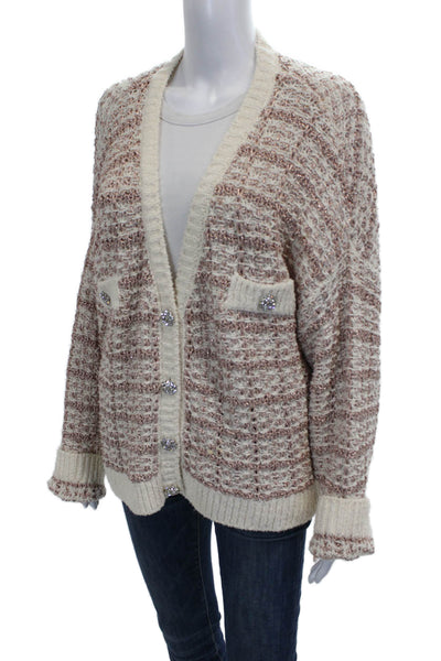 Zara Womens Cardigan Ivory Striped V-Neck Cotton Long Sleeve Fall Size L