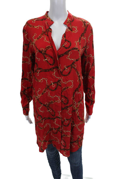 Zara Basic Women Shirt Dress Red Viscose Chain Print Long Sleeve Size XS